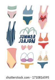 Illustration set of beach clothes in vector. Collection of different swimsuits. Lettering, plant. Summer season. Vacation. 