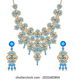 Illustration set of bead necklace and earrings and gems 