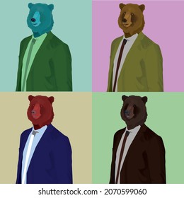 Illustration set of bear wearing a suit. nft art collection of bear 2d art.