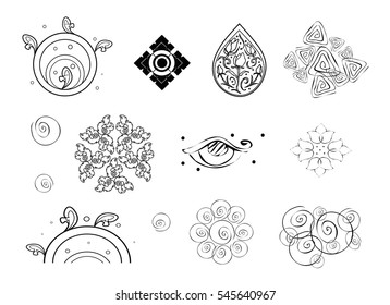 Illustration Set of Beautiful Black and White Abstract Flowers,  Vintage Pattern.

