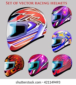 Illustration set of beautiful vector racing helmets with different color