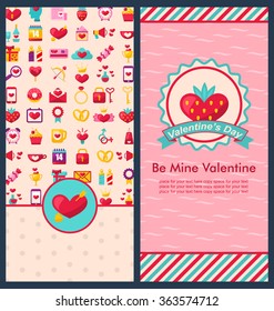 Illustration Set Beautiful Vertical Banners with Romantic Elements for Happy Valentine's Day. Cute Celebration Cards. Templates Brochures - Vector