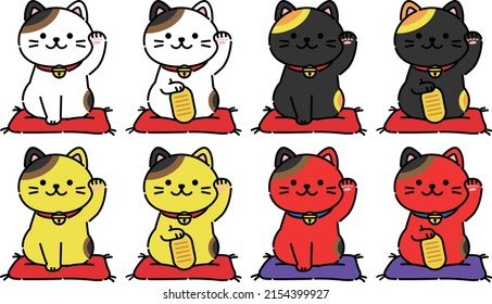 Illustration set of beckoning cat with round eyes