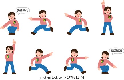 Illustration set of a beginner woman pointing a finger