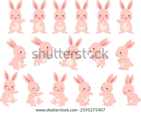 Illustration set of bipedal pink rabbit characters with various facial expressions and poses