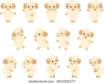 illustration set of bipedal sheep characters in various poses