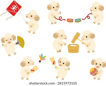 Illustration set of bipedal sheep characters pounding rice cake and enjoying various traditional Japanese New Year's games
The Chinese character written on the kite means 