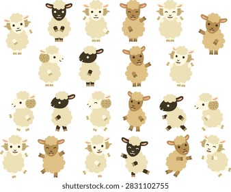 Illustration set of bipedal sheep characters in various coat colors and poses