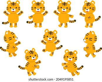 Illustration set of bipedal tiger characters in various poses