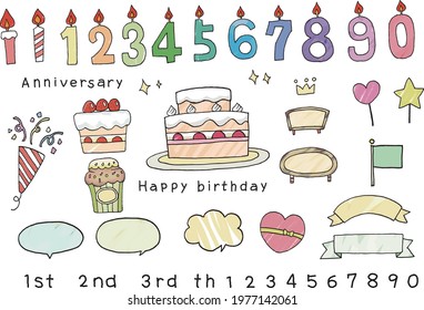 Illustration set of a birthday cake and candles in the shape of numbers. Colored on pen drawings.