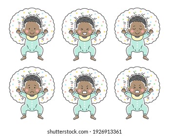 Illustration set of a black baby lying down on a nursing cushion in baby clothes.