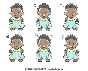 Illustration set of a black baby sitting down.