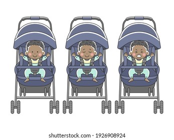Illustration set of a black baby in a stroller.
