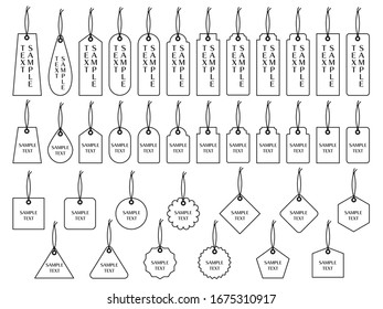 Illustration set of black line tags in various shapes.
It can be used as a point for advertising and cards.
Version with sample text.