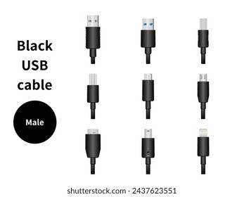 It is an illustration set of black USB cablemale.