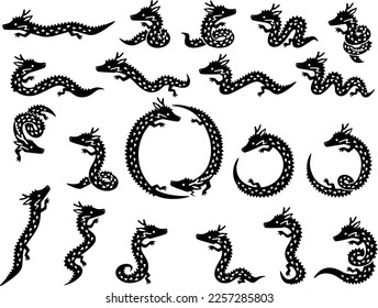 Illustration set of black and white small dragon characters