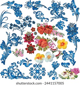 ilustración con conjunto de elementos ornamentales florales azules aislados sobre fondo blanco