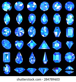 Illustration set of blue gems of different cuts and shapes