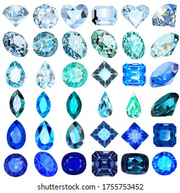 Illustration Set Of Blue And Blue Gems Of Various Cuts And Shapes.