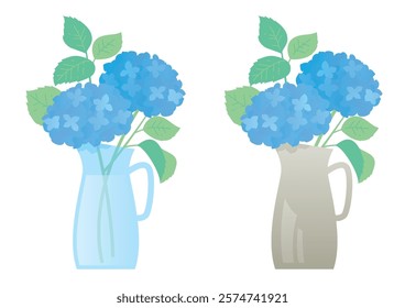 Illustration set of blue hydrangea flowers in a vase