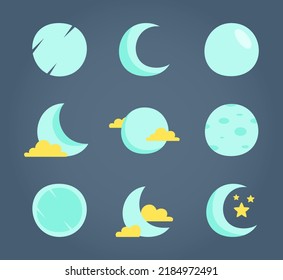 Illustration set of blue moon and clouds in the night sky on black background