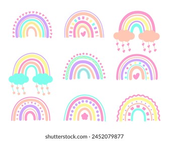 Conjunto de ilustración de arco iris boho. Grande colección moderna de arcoíris escandinavos. Iconos dibujados a mano del arco iris para los carteles de los niños, envoltura, textil, Fondo de pantalla, estampados, tela. Ilustraciones vectoriales