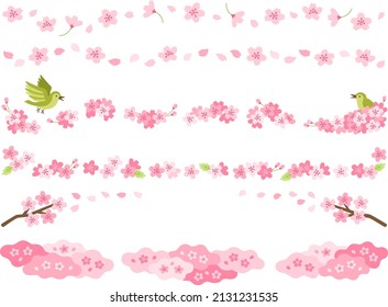 Illustration set of borders with cherry blossoms and warblers