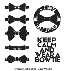 Illustration set of bow tie in vector on white background. Bow-tie logo, label, icon for projects, cards, invitations. Gentleman illustration with bowtie quote.