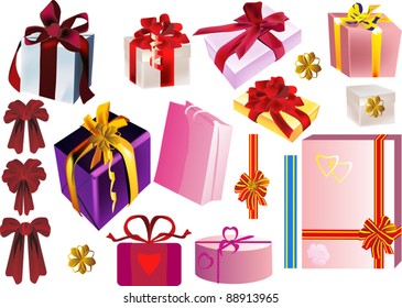 illustration with set of boxes and bows isolated on white background