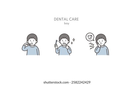 Illustration set of a boy brushing his teeth and taking care of his teeth