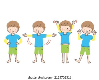 Illustration set of a boy doing gymnastics with a smile