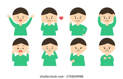 Illustration set of boy with eight different facial expression