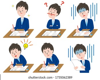 of illustration Set of boy facial student taking exams with different expression