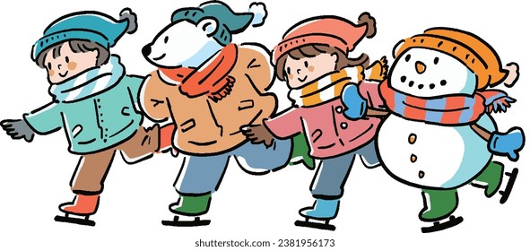 Illustration set of a boy and girl skating side by side, a snowman and a polar bear
