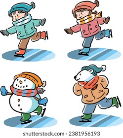 Illustration set of a boy and girl skating on ice, a snowman and a polar bear
