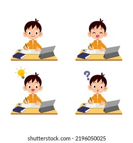 Illustration set of a boy learning using a tablet
