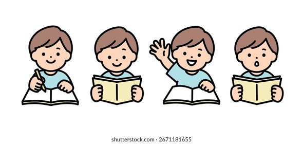Conjunto de ilustración de un niño estudiando con varias expresiones faciales