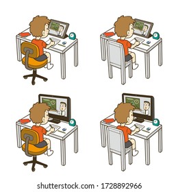 Juego de ilustraciones de un niño tomando una clase en línea en una tablet y un PC. Ilustración vectorial sobre fondo blanco.
