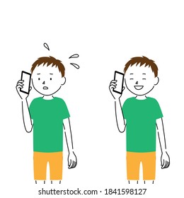 Illustration set of a boy talking on a smartphone (anxiety and relief)