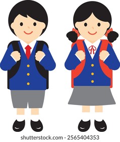 Illustration set of boys and girls elementary school students wearing uniforms