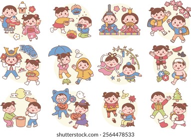 Illustration set of boys and girls going through 12 months