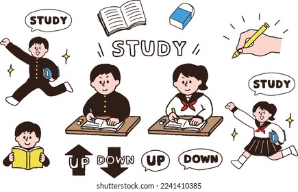 Illustration set of boys and girls studying