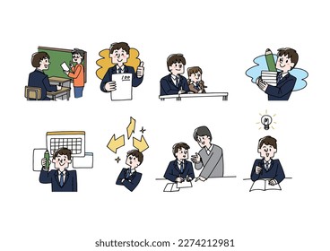 Illustration set of boys learning at cram school and correspondence education