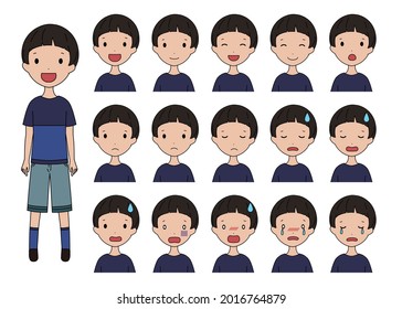 Illustration set of boys with various facial expressions smiling, troubled and crying