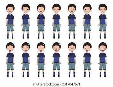 Illustration set of boys with various facial expressions smiling, troubled and crying