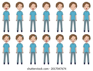 Illustration set of boys with various facial expressions smiling, troubled and crying