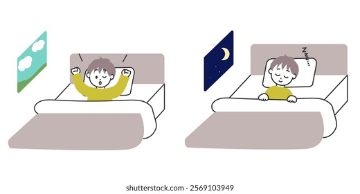 Illustration set of boys waking up and going to bed