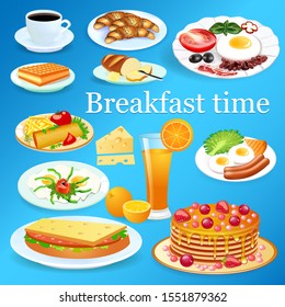 Illustration of a set of breakfast dishes with coffee and orange juice.