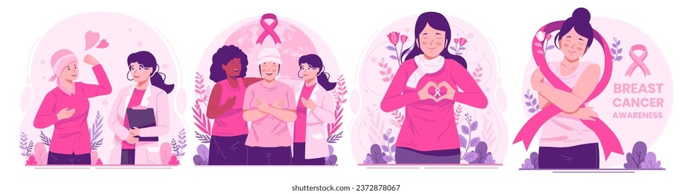 Illustration Set of Breast Cancer Awareness Month. Women With Ribbons Pink As a Concern and Support for Women With Breast Cancer