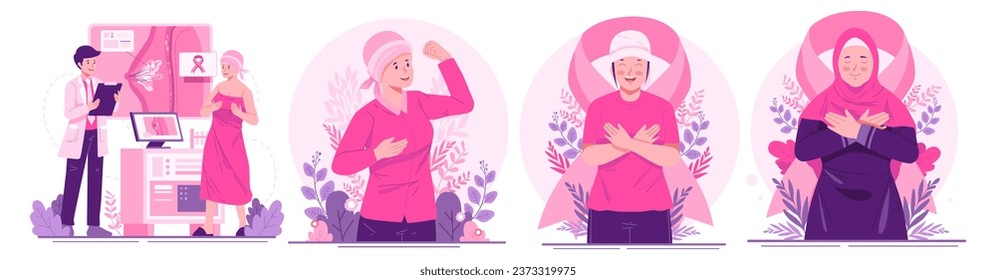 Illustration Set of Breast Cancer Awareness Month. Women With Ribbons Pink As a Concern and Support for Women With Breast Cancer